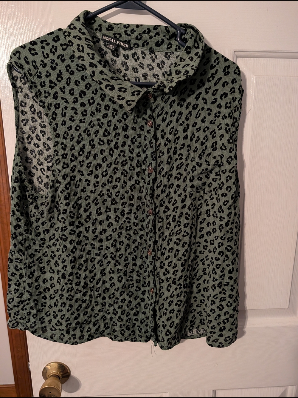Moral Fiber Olive Green Leopard Print Button-Front Blouse
